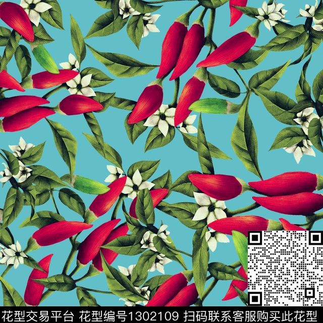 绿植树叶手绘红辣椒散点排列数码印花华亿平台下载（图片编号: 1302109） - 瓦栏（Walan）