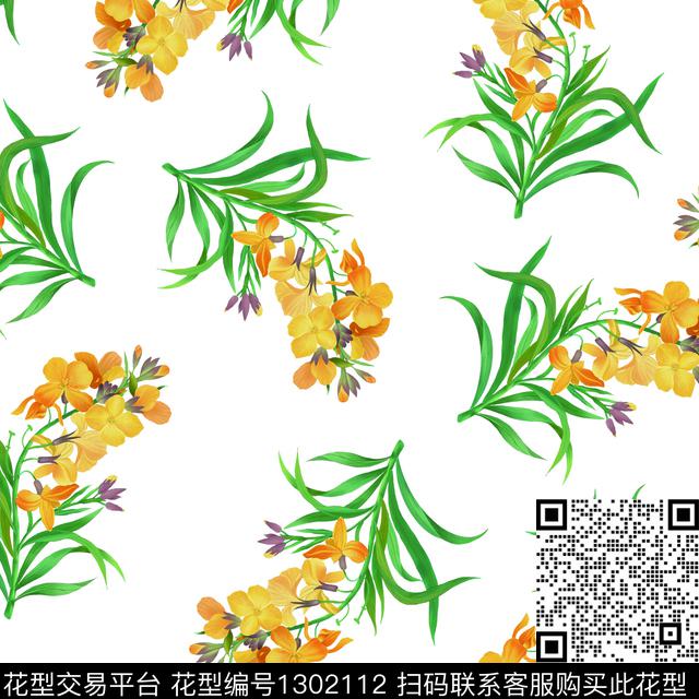 绿植树叶花卉手绘剑兰数码印花华亿平台下载（图片编号: 1302112） - 瓦栏（Walan）