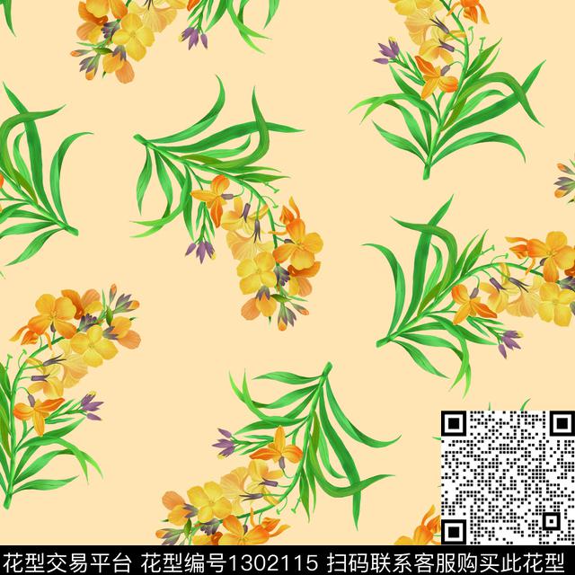 绿植树叶花卉手绘剑兰数码印花华亿平台下载（图片编号: 1302115） - 瓦栏（Walan）