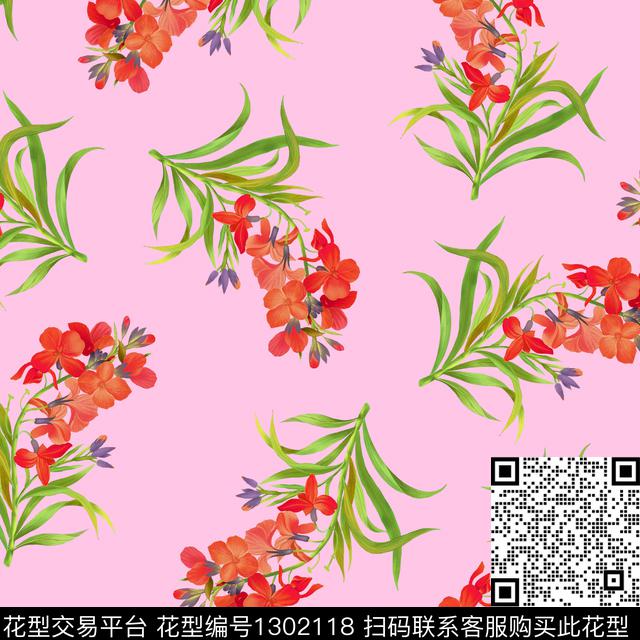 绿植树叶花卉手绘剑兰数码印花华亿平台下载（图片编号: 1302118） - 瓦栏（Walan）