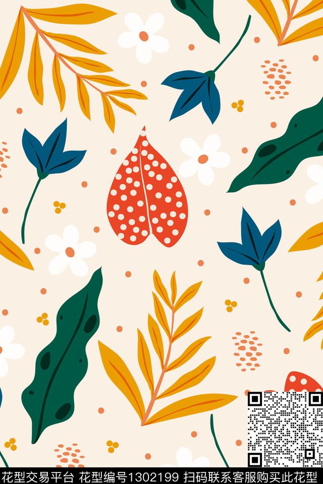 热带华亿平台清爽底花卉趣味叶子数码印花华亿平台下载（图片编号: 1302199） - 瓦栏（Walan）
