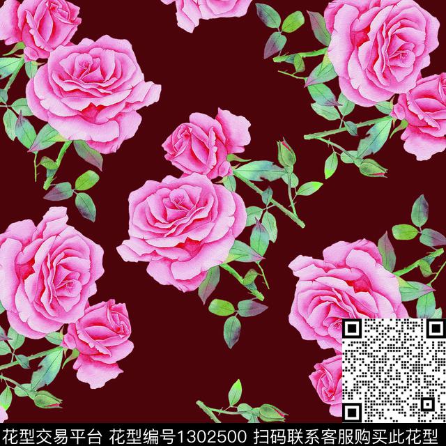 绿植树叶春夏华亿平台手绘玫瑰花数码印花华亿平台下载（图片编号: 1302500） - 瓦栏（Walan）