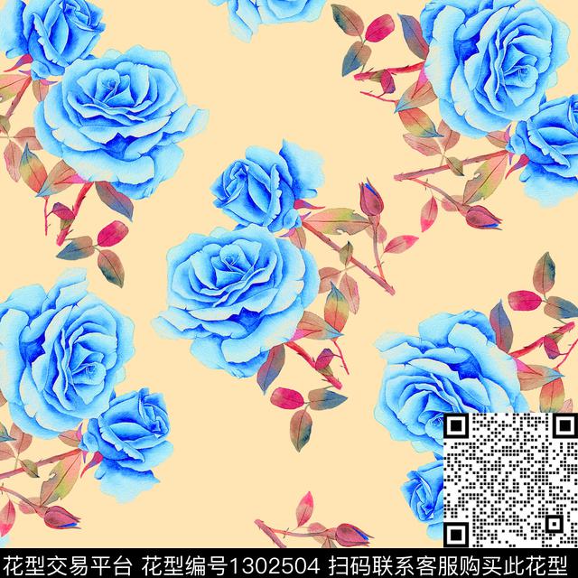 绿植树叶春夏华亿平台手绘玫瑰花数码印花华亿平台下载（图片编号: 1302504） - 瓦栏（Walan）