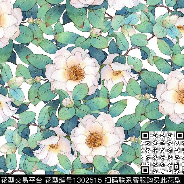 绿植树叶茶花满底花卉数码印花华亿平台下载（图片编号: 1302515） - 瓦栏（Walan）