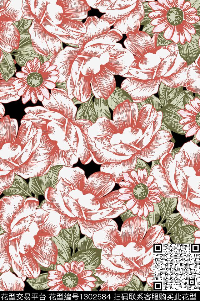 黑底花卉花卉花瓣传统印花华亿平台下载（图片编号: 1302584） - 瓦栏（Walan）