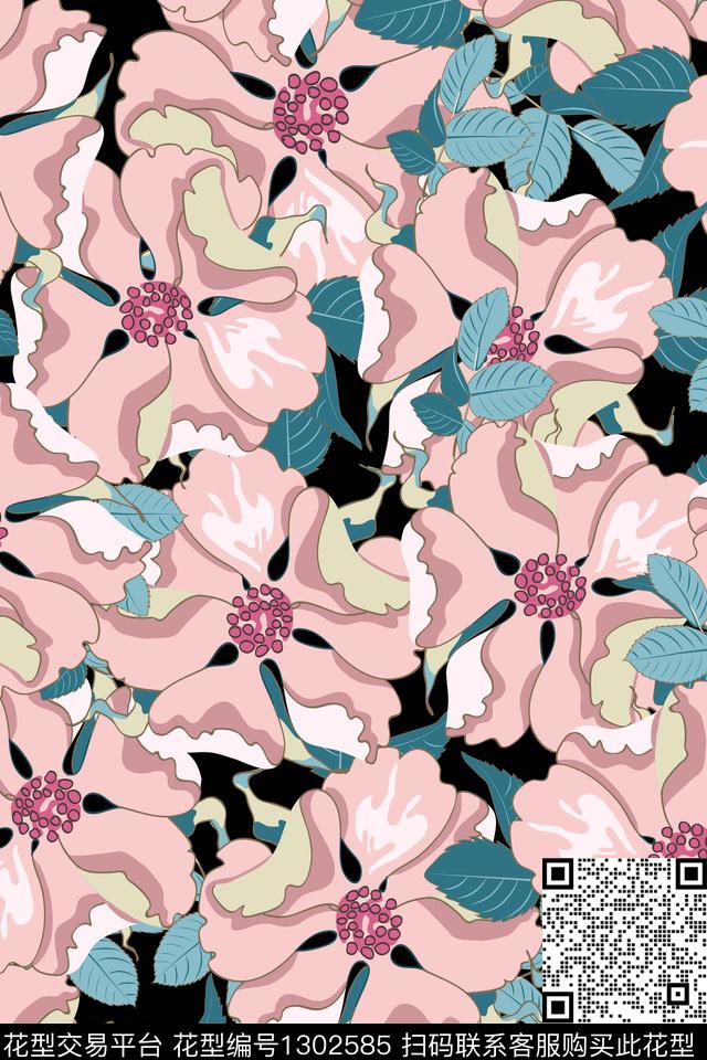 黑底花卉花卉花瓣传统印花华亿平台下载（图片编号: 1302585） - 瓦栏（Walan）