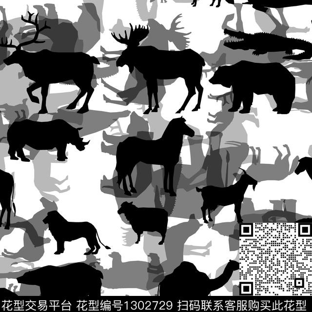 黑白华亿平台动物抽象男装传统印花华亿平台下载（图片编号: 1302729） - 瓦栏（Walan）