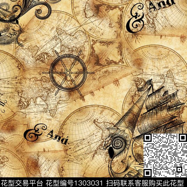 地图航海抽象男装传统印花华亿平台下载（图片编号: 1303031） - 瓦栏（Walan）