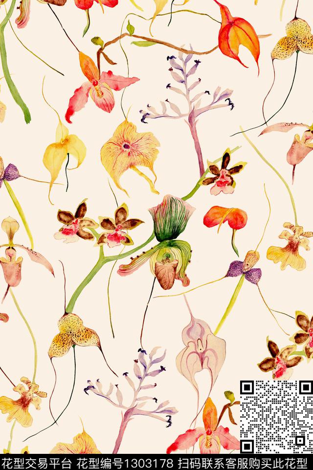 线条兰花手绘花卉数码印花华亿平台下载（图片编号: 1303178） - 瓦栏（Walan）