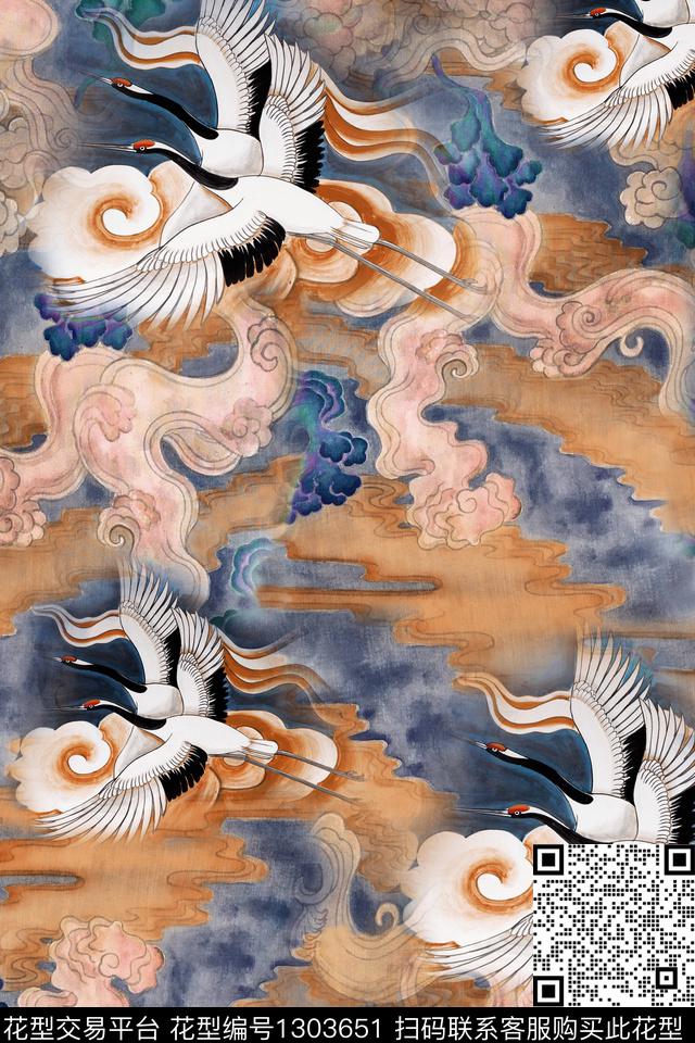 仙鹤香云纱中国风数码印花华亿平台下载（图片编号: 1303651） - 瓦栏（Walan）
