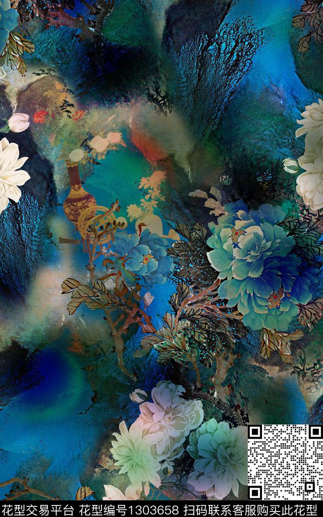 中国风旗袍印花复古女装民族风印花香云纱渐变纹理印花数码印花华亿平台下载（图片编号: 1303658） - 瓦栏（Walan）