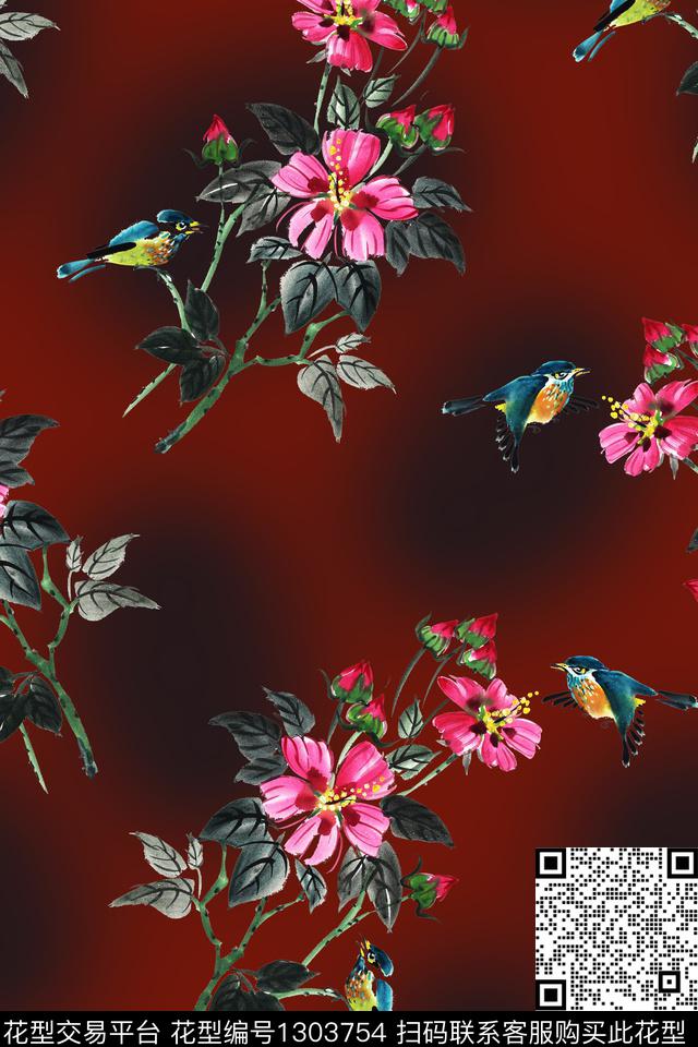 绿植树叶民族风花卉数码印花华亿平台下载（图片编号: 1303754） - 瓦栏（Walan）