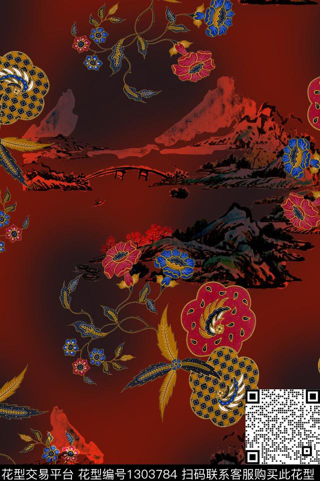 绿植树叶民族风花卉数码印花华亿平台下载（图片编号: 1303784） - 瓦栏（Walan）