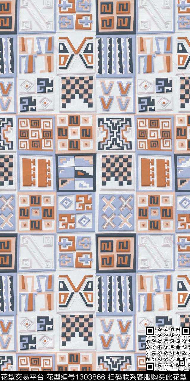 格子复古民族风数码印花华亿平台下载（图片编号: 1303866） - 瓦栏（Walan）