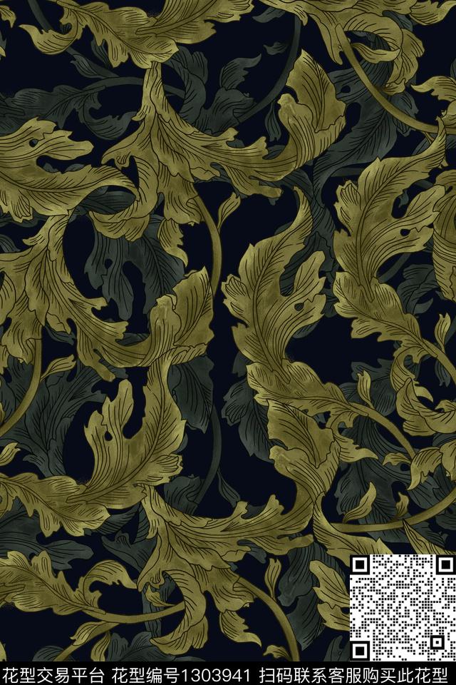 复古大牌风植物数码印花华亿平台下载（图片编号: 1303941） - 瓦栏（Walan）