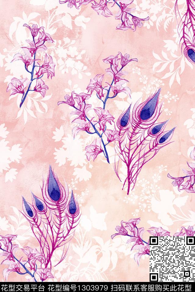 羽毛大牌风水彩花卉数码印花华亿平台下载（图片编号: 1303979） - 瓦栏（Walan）