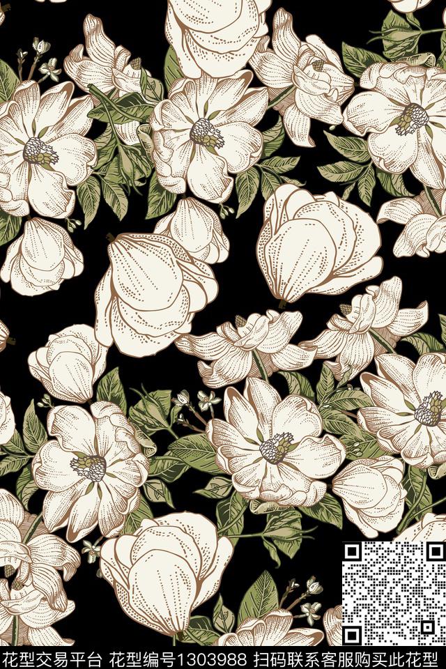 黑底花卉花卉花瓣传统印花华亿平台下载（图片编号: 1303988） - 瓦栏（Walan）