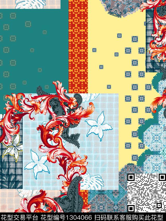 几何民族风花卉数码印花华亿平台下载（图片编号: 1304066） - 瓦栏（Walan）