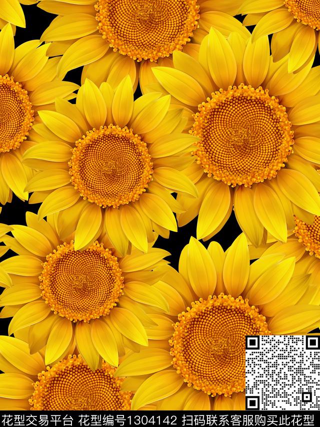 黑底花卉数码华亿平台向日葵数码印花华亿平台下载（图片编号: 1304142） - 瓦栏（Walan）