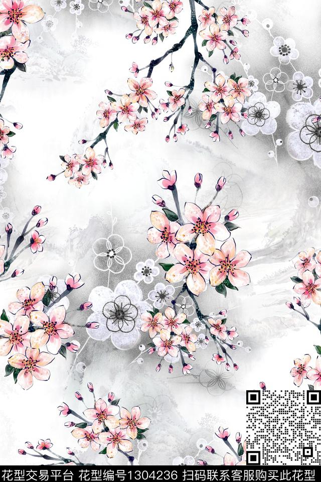 梅花花卉旗袍数码印花华亿平台下载（图片编号: 1304236） - 瓦栏（Walan）
