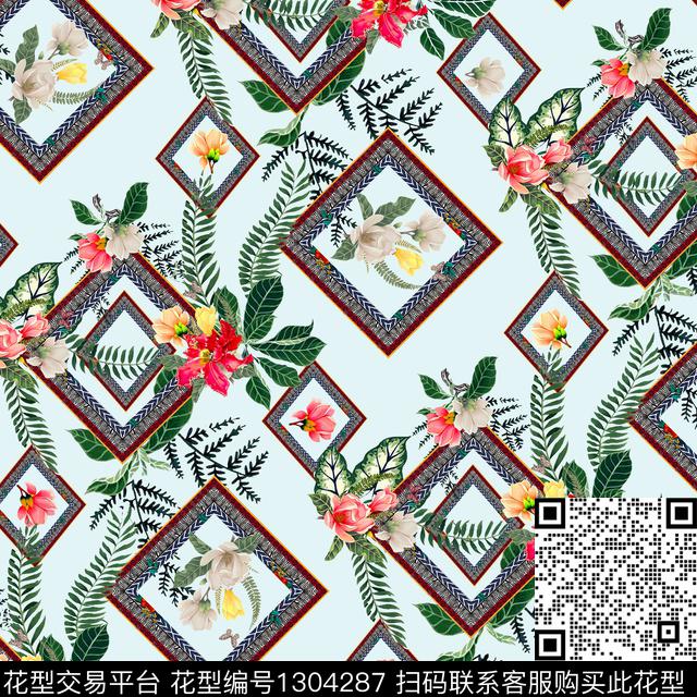 花卉四边形天蓝底数码印花华亿平台下载（图片编号: 1304287） - 瓦栏（Walan）