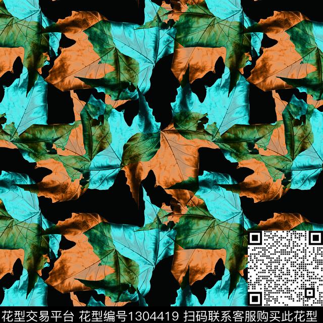 黑底花卉绿植树叶女装数码印花华亿平台下载（图片编号: 1304419） - 瓦栏（Walan）