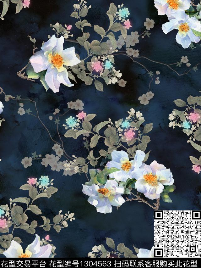 花卉香云纱工笔花卉数码印花华亿平台下载（图片编号: 1304563） - 瓦栏（Walan）