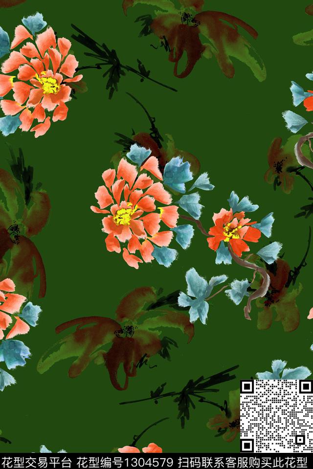 绿植树叶民族风花卉数码印花华亿平台下载（图片编号: 1304579） - 瓦栏（Walan）