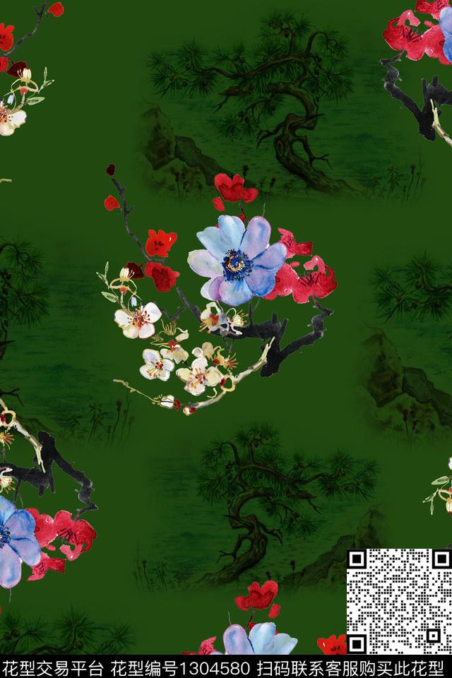 绿植树叶民族风花卉数码印花华亿平台下载（图片编号: 1304580） - 瓦栏（Walan）