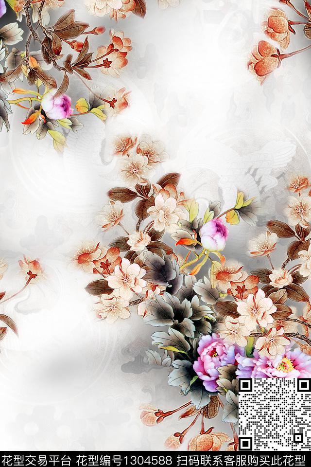 花卉旗袍桃花数码印花华亿平台下载（图片编号: 1304588） - 瓦栏（Walan）