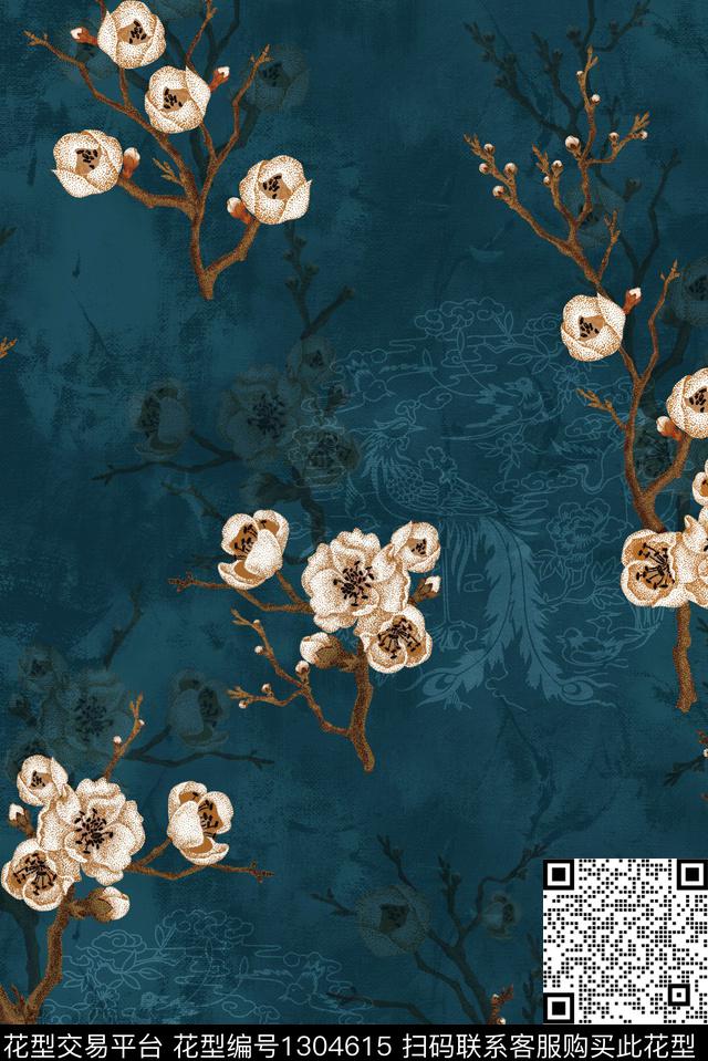 梅花中国风真丝数码印花华亿平台下载（图片编号: 1304615） - 瓦栏（Walan）