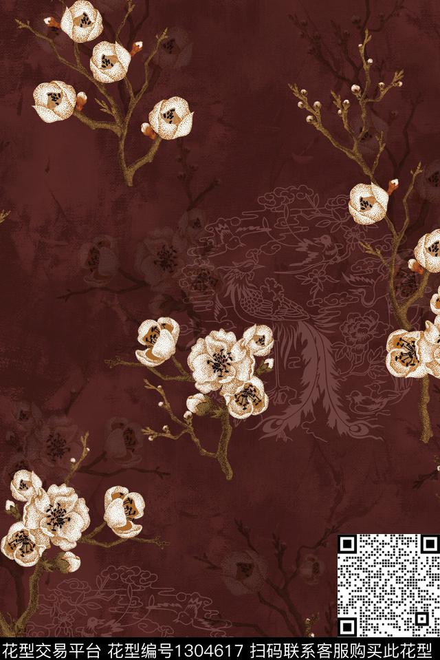 梅花凤凰中国风数码印花华亿平台下载（图片编号: 1304617） - 瓦栏（Walan）