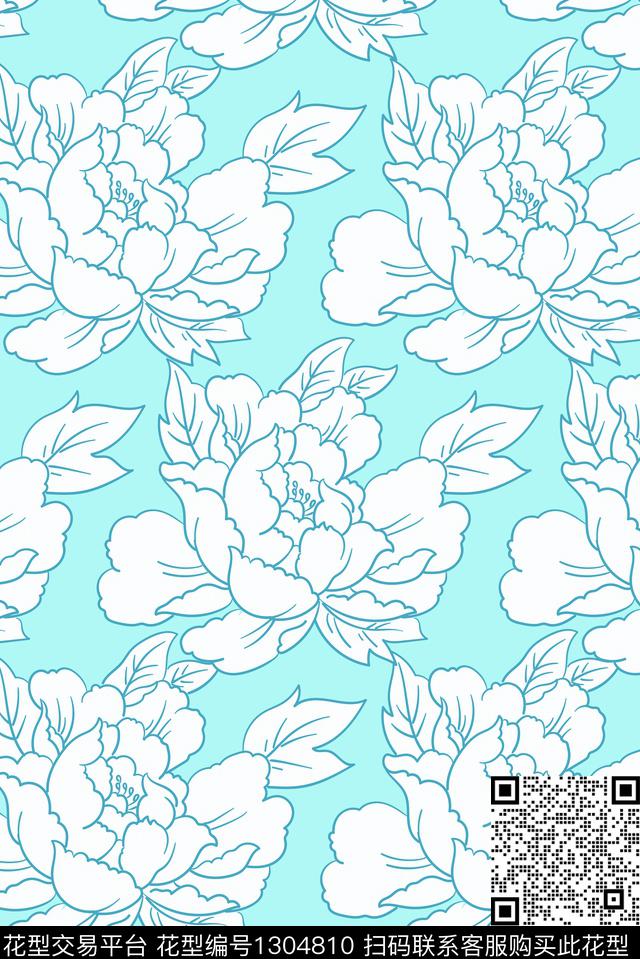 清爽底花卉手绘牡丹传统印花华亿平台下载（图片编号: 1304810） - 瓦栏（Walan）