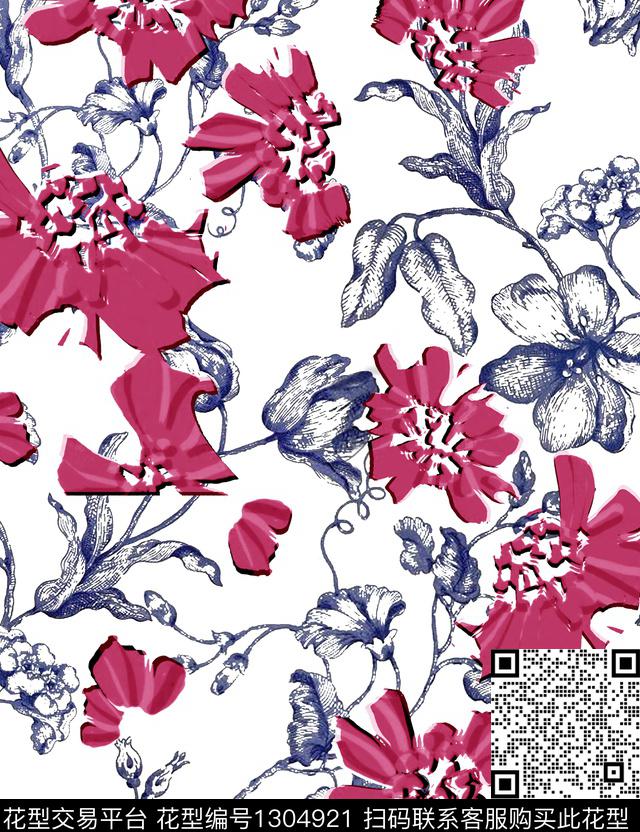 趋势华亿平台花卉抽象传统印花华亿平台下载（图片编号: 1304921） - 瓦栏（Walan）