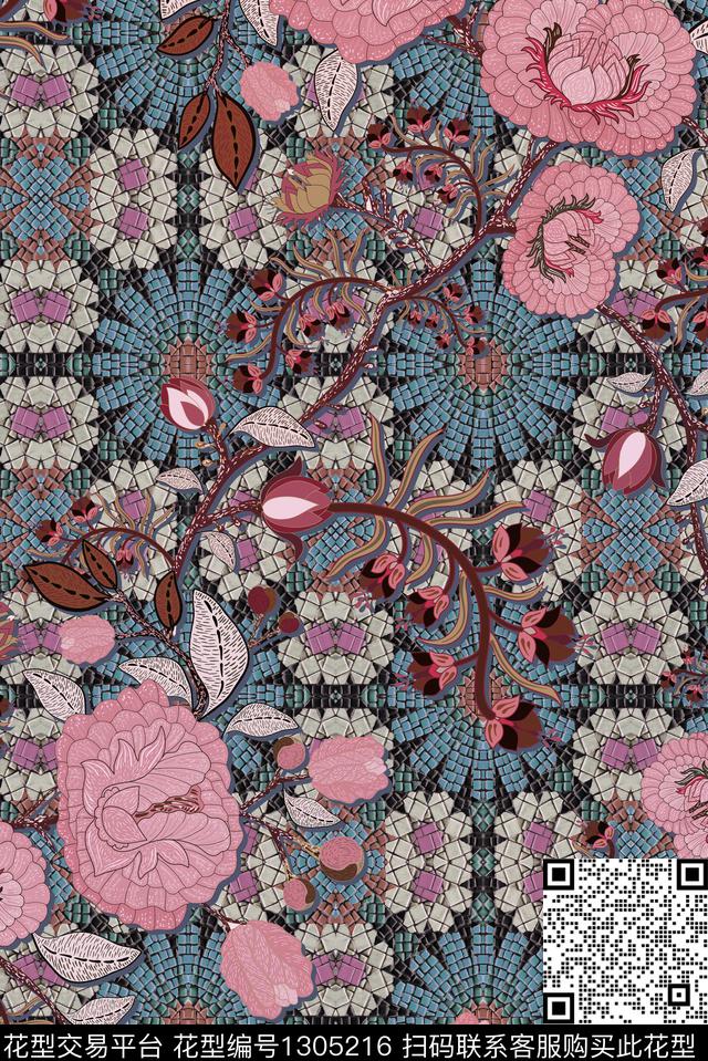 几何花卉民族风数码印花华亿平台下载（图片编号: 1305216） - 瓦栏（Walan）
