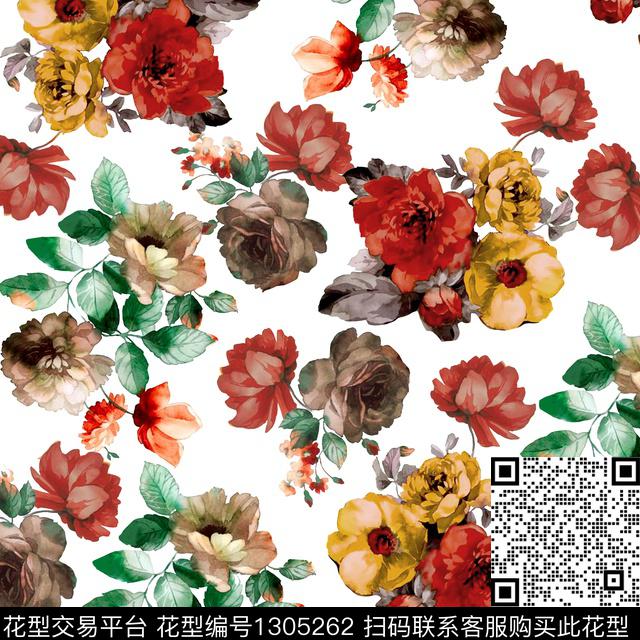 水彩花卉白底花数码印花华亿平台下载（图片编号: 1305262） - 瓦栏（Walan）