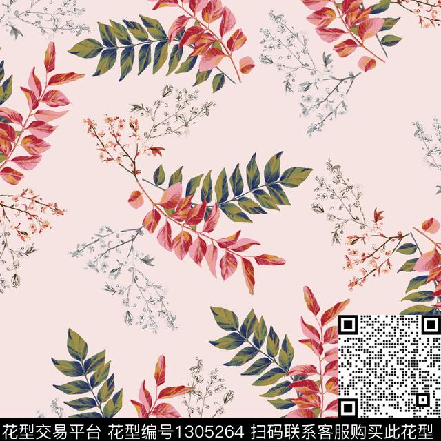 花卉绿植树叶粉红底数码印花华亿平台下载（图片编号: 1305264） - 瓦栏（Walan）