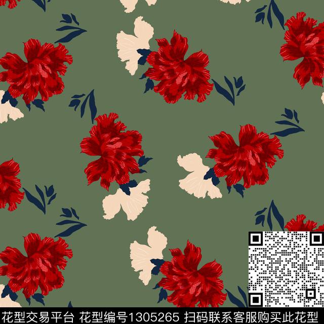 红花花卉军绿底数码印花华亿平台下载（图片编号: 1305265） - 瓦栏（Walan）