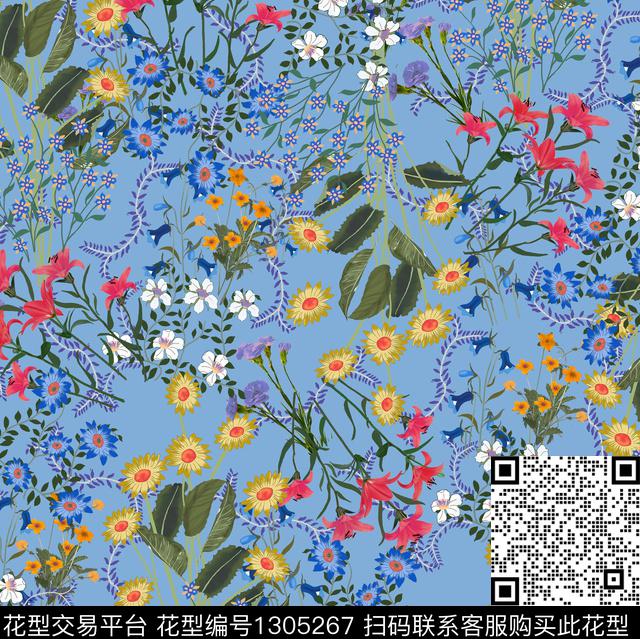 花卉小碎花天蓝底数码印花华亿平台下载（图片编号: 1305267） - 瓦栏（Walan）