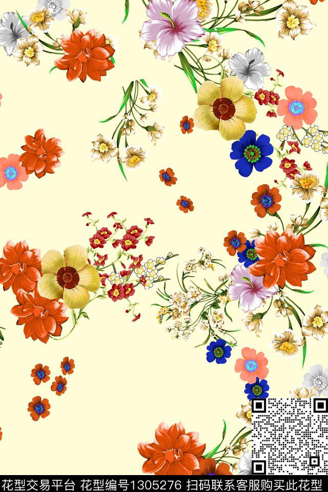 花卉小碎花淡黄底数码印花华亿平台下载（图片编号: 1305276） - 瓦栏（Walan）