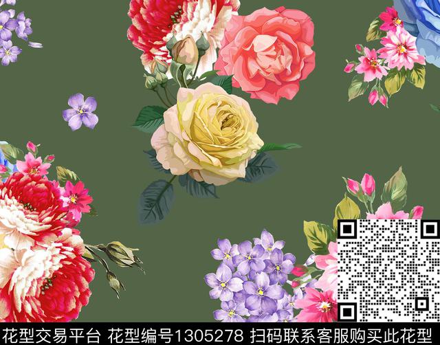 水彩花卉军绿底数码印花华亿平台下载（图片编号: 1305278） - 瓦栏（Walan）
