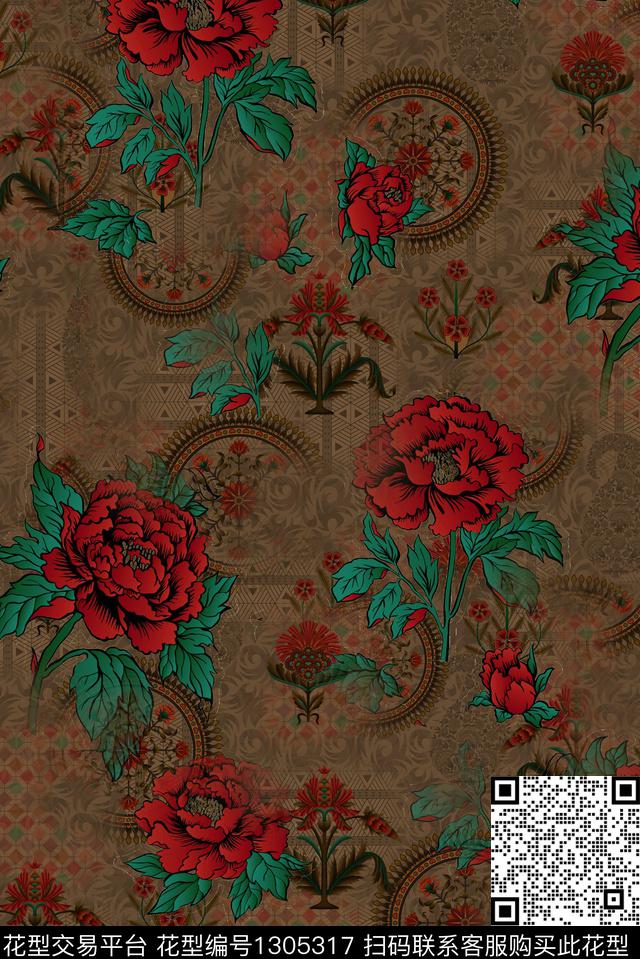 香云纱中老年玫瑰花数码印花华亿平台下载（图片编号: 1305317） - 瓦栏（Walan）