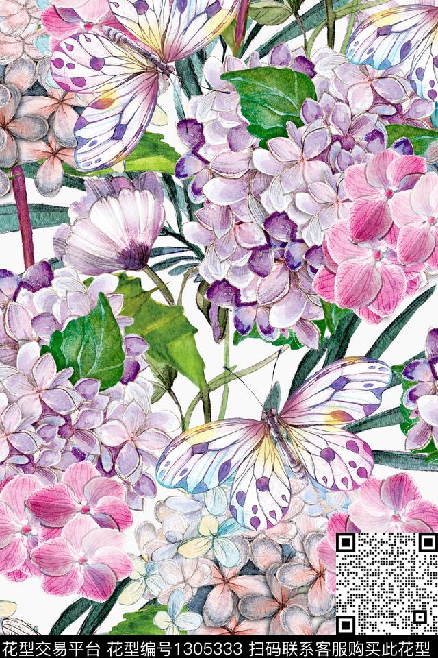 花卉蝴蝶手绘花卉昆虫蜻蜓数码印花华亿平台下载（图片编号: 1305333） - 瓦栏（Walan）