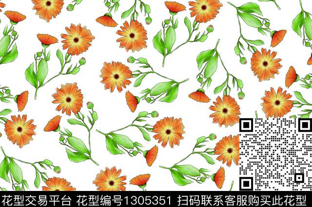 绿植树叶清爽底花卉小雏菊数码印花华亿平台下载（图片编号: 1305351） - 瓦栏（Walan）