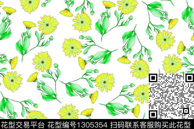 绿植树叶清爽底花卉小雏菊数码印花华亿平台下载（图片编号: 1305354） - 瓦栏（Walan）
