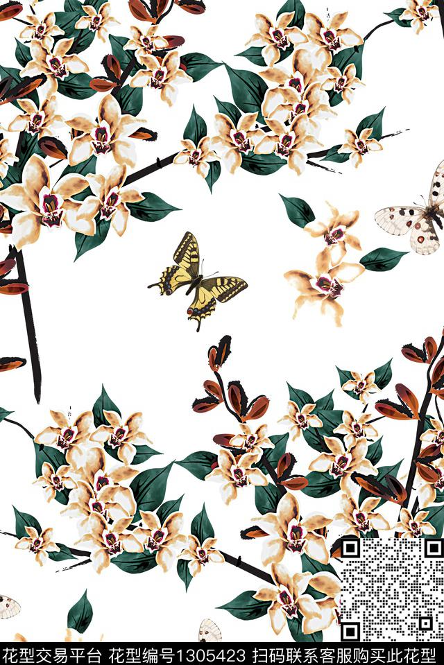花卉蝴蝶白底花数码印花华亿平台下载（图片编号: 1305423） - 瓦栏（Walan）