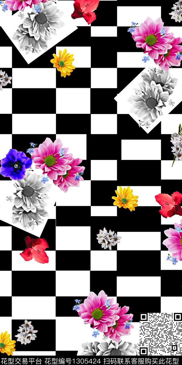 几何格子花卉数码印花华亿平台下载（图片编号: 1305424） - 瓦栏（Walan）