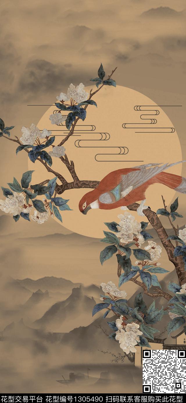 女装定位花国画中国风定位花数码印花华亿平台下载（图片编号: 1305490） - 瓦栏（Walan）