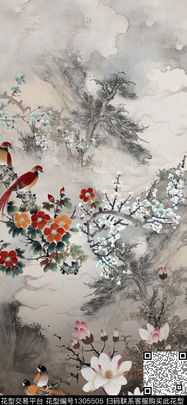 女装定位花国画中国风定位花数码印花华亿平台下载（图片编号: 1305505） - 瓦栏（Walan）