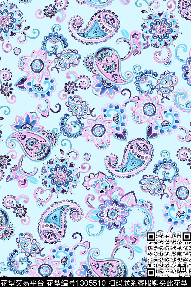 佩斯利民族风清爽底色数码印花华亿平台下载（图片编号: 1305510） - 瓦栏（Walan）